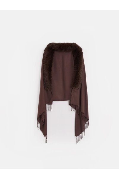 LC Waikiki LCW Modest Brown Fur-Trimmed Tasseled Women's Shawl