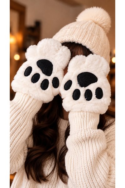 Generic Brand White and Black Color Paw Plush Gloves