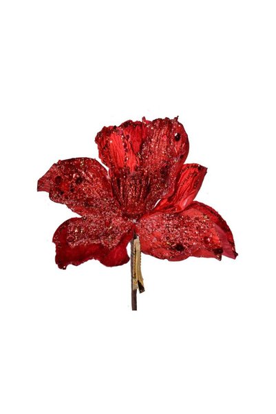 Jumbo Floare Decorativa de Craciun cu Clip Magnolie Rosie & Glitter 25cm
