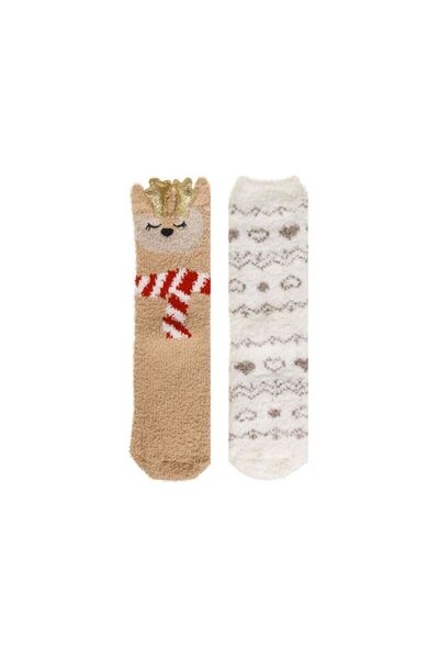 Jumbo Sosete Dama de Craciun Pufoase Bej Ecru cu Model Ren 3D Inimi (36-41) -...