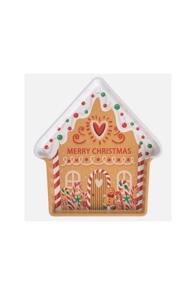 Jumbo Farfurie Decorativa de Craciun Metalica Bej Casa Candy 24x26cm