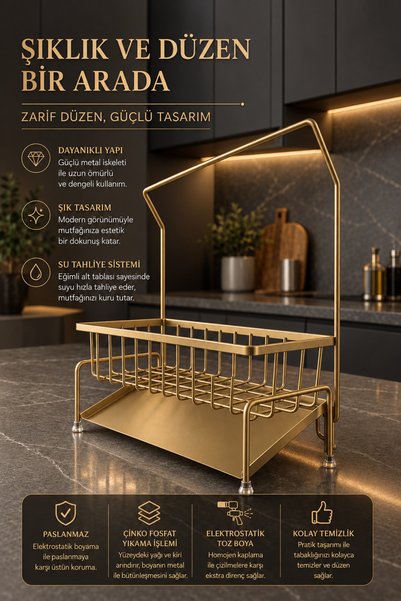 Wirewel Tezgah Üstü Gold Sıvı Sabunluk Standı Ve Süngerlik Düzenleyici, Pasla...