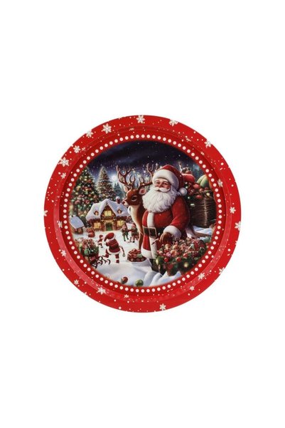 Jumbo Platou Metalic Decorativ de Craciun Rosu Mos Craciun Ren Ø32.5cm