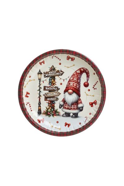 Jumbo Farfurie Decorativa de Craciun Metalica Ecru cu Model Carouri & Gnome Ø...
