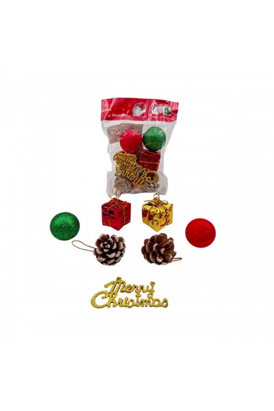 BBYTOYS 7-Piece Christmas Tree Ornament Set – Christmas Tree Ornaments Featuring "Merry Christmas" Inscriptions, Pinecones, Red and Green Balls, and Gift-Wrapped Figures