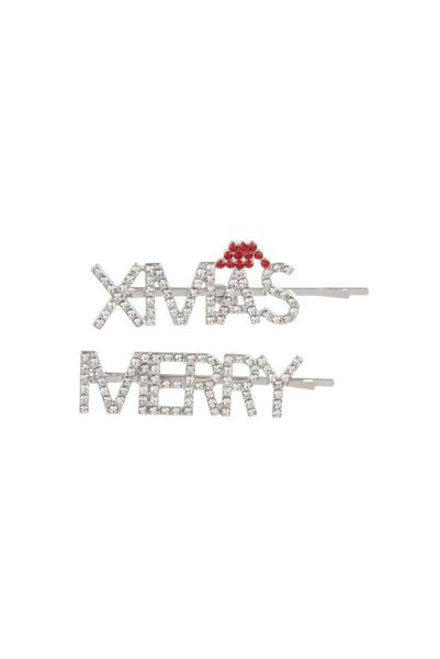Jumbo Agrafe Par de Craciun cu Strass Argintiu "Merry Xmas" 7cm - 2buc