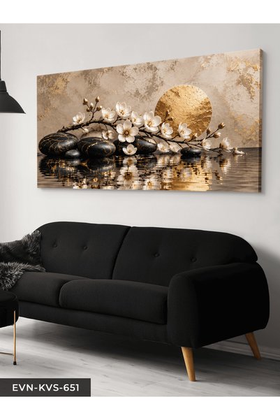 Evinemoda Siyah Seramik Taşlı Altın Detaylı Çiçek Tek Parça Kanvas - Canvas Tablo