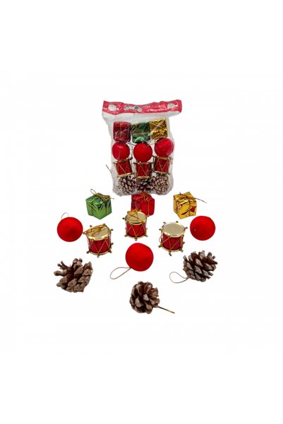 BBYTOYS 12-Piece Christmas Tree Ornament Set – Decorative Fir Tree Ornaments Featuring Red Balls, Pinecones, Gift Boxes, and Drum Figures