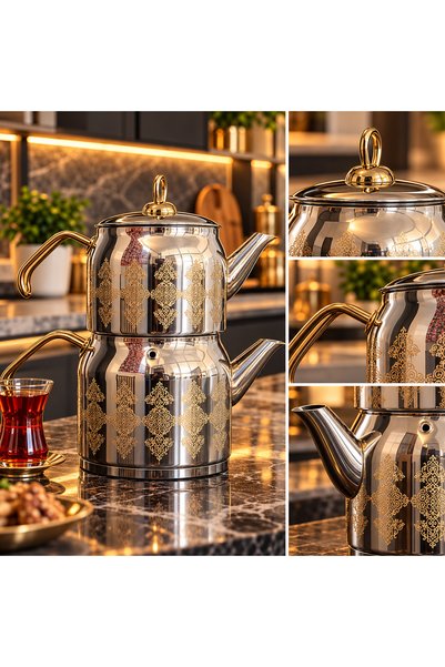 Motif Home Dantel Desenli Paslanmaz Çelik Çaydanlık Takımı – Orta Boy