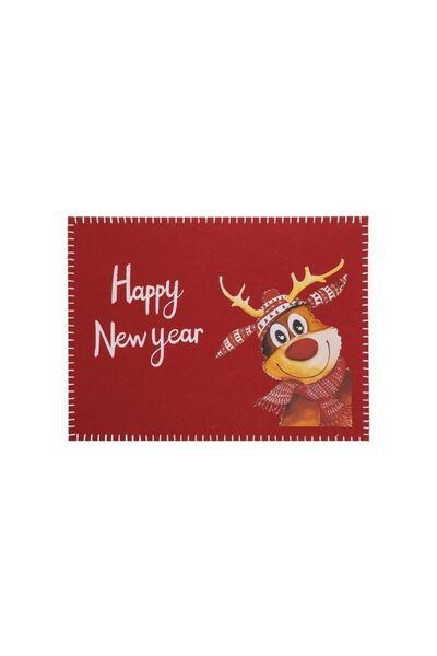 Jumbo Suport Farfurie de Craciun din Fetru Rosu cu Model Ren "Happy New Year"...