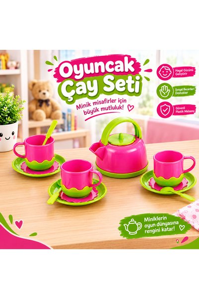 Oyuncak Çay Seti Pembe Yeşil Renkli Çaydanlık ve Fincan Takımı