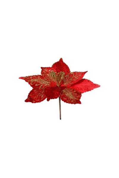 Jumbo Floare Decorativa de Craciun Rosie Catifelata cu Gltter Auriu 26cm