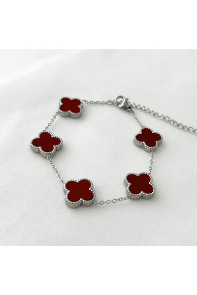 ANGELSS JEWELLERY Claret Red Clover Silver Steel Bracelet