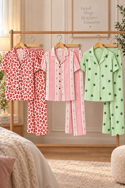 FİT WOMEN 3 Pieces Women's Short Sleeve Comfort Pajama Set