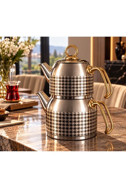 Motif Home Kaz Ayağı Desenli Paslanmaz Çelik Çaydanlık Takımı – Orta Boy