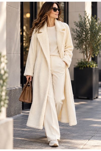 Vassa KAYLEE Ekru Uzun Peluş Teddy Kaban – Oversize Kesim, Şal Yaka