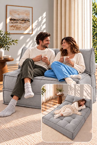 Homedius Mocca Keten Çift Kişilik Katlanır Yatak Katlanır Koltuk Açık Gri-Çift