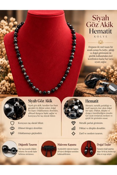 OSMANLI DOĞAL TAŞ Sertifikalı Siyah Göz Akik - Hematit Kolye