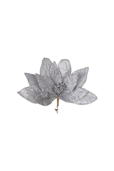 Jumbo Floare Decorativa de Craciun Gri cu Glitter Argintiu & Clips 32cm