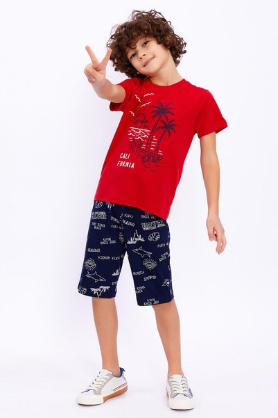ROLY POLY Boys' California Red Short-Sleeved Pajama Set with Bermuda Shorts.
