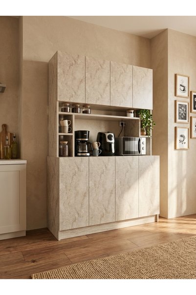 ORENMO K7515-8 Traverten Kapaklı ve Açık Raflı Kahve Köşesi Çok Amaçlı Mutfak...