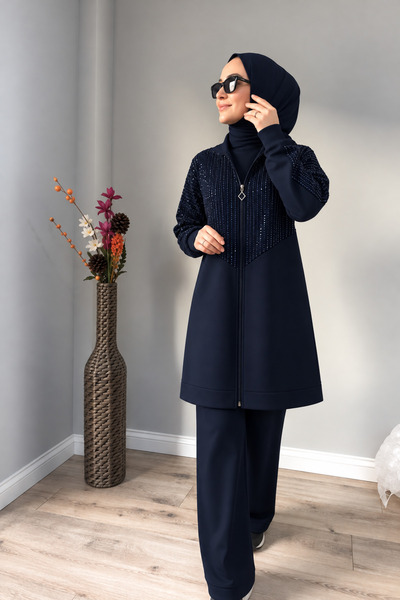 AYSUN AYDEMİR Sequined Detailed Midi Model Zippered Hijab Tracksuit Set