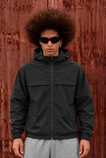 DAMGA JEANS Men's Stand-Up Collar Hooded Casual Seasonal Black Raincoat