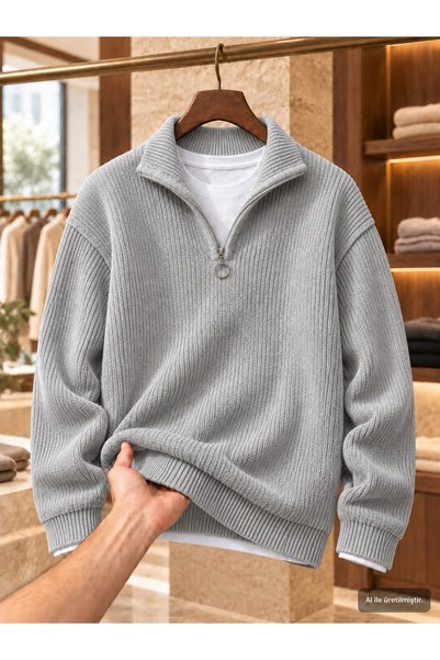 OTAKU Pulover bărbătesc cu guler înalt, din tricot brioche materiat cu striaț...