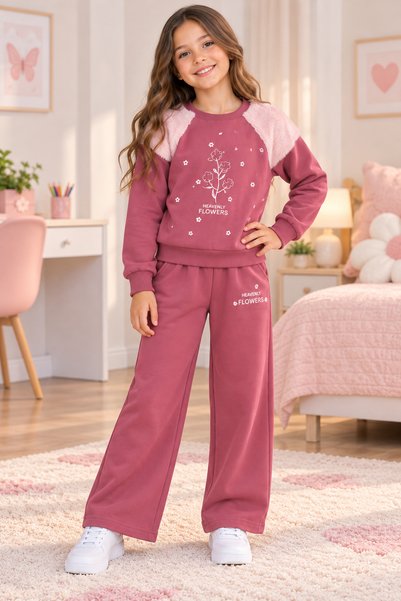 SERPİL Girls' 2-Piece Tracksuit Set, Rose-Colored Plush with Shoulder Detail,...