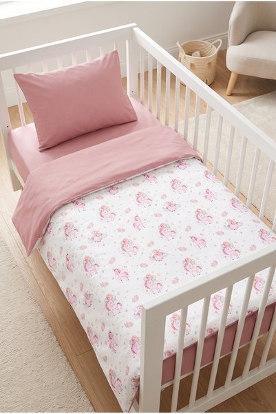 Terzi Ömer %100 Pamuk 3 Parça Bebek Nevresim Takımı - Pembe Unicorn Desenli B...