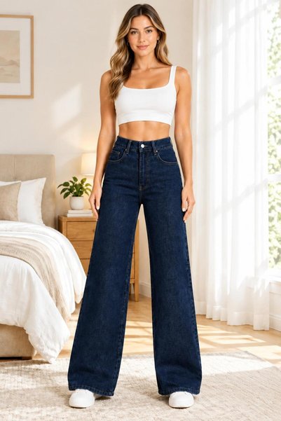 we-rayss Marlowe Yüksek , Likralı Palazzo-Bol Paça Kadın Jean - Wide Leg