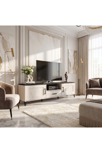 Ebticar 180cm Wide Tv Stand with Drawer and Storage Doors - Off White and Black