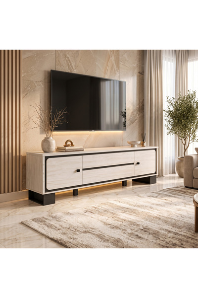 Ebticar Modern 180cm Wide Tv Table with Storage Units - Off White and Black