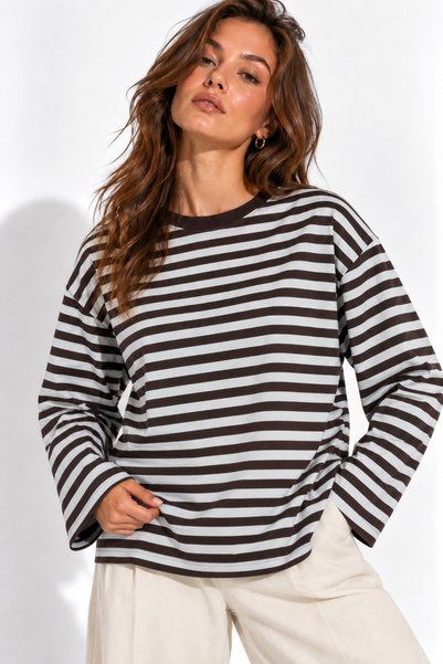 Rich Women's Light Blue and Brown Striped Cotton Crew Neck Oversized Blouse.