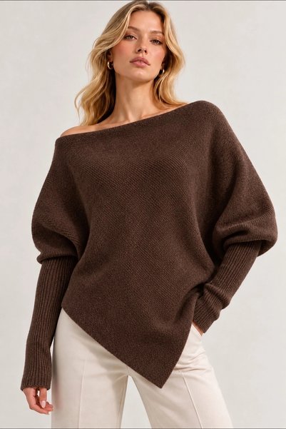 Lusin Women's Brown Asymmetrical Cut Madonna Boat Neck Soft Knit Blouse