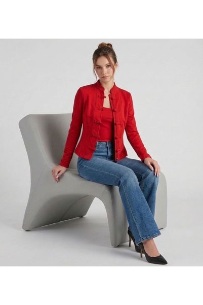 BLOUSE Kırmızı Çin Düğme Detaylı Dik Yaka Bele Oturan Örme Sweatshirt