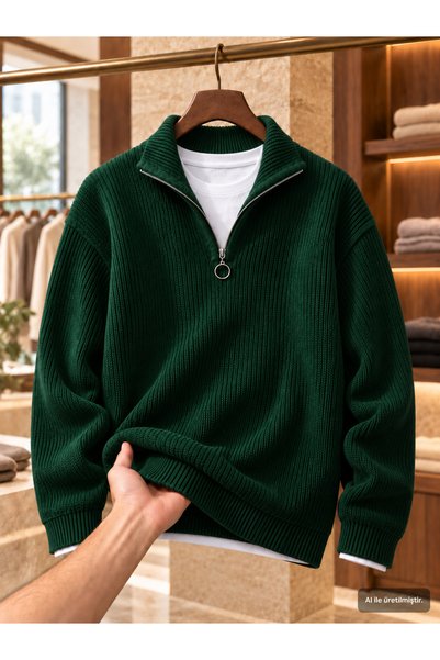 OTAKU Pulover bărbătesc cu guler înalt, din tricot brioche materiat cu striaț...