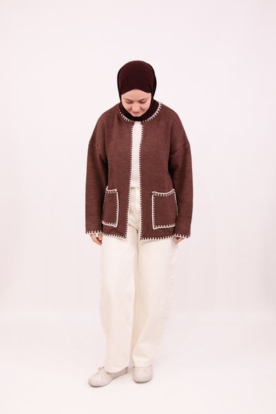 ilmek 25104 Women's Cardigan with Shepherds Stitch Detail and Pockets, Brown.