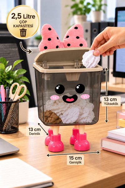 ARVALE MİNNİE 2,5 Litre Fiyonklu Füme Dekoratif Mini Çöp Kovası – Click Kapak...