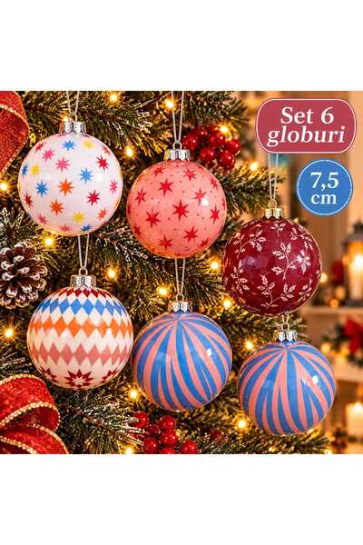 Generic Brand Set 6 Globuri Decorative de Crăciun, 7,5 cm, din Plastic