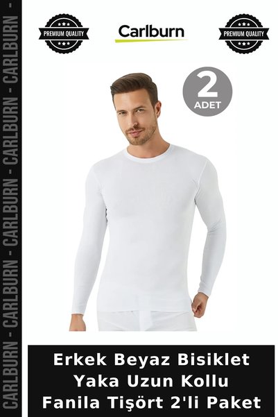 Carlburn Men's White Crew Neck Long Sleeve T-Shirt, Pack of 2, Breathable Und...
