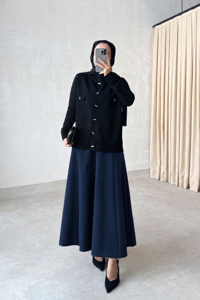 Ka Hijab Crepe Fabric Flared Skirt - Navy Blue