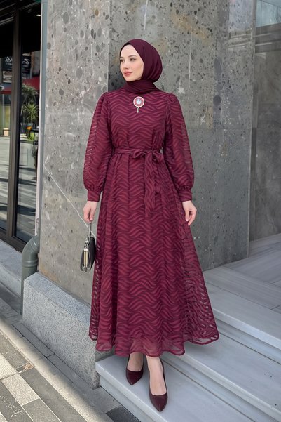 Lapablo Kare Yaka Şifon Elbise - BORDO