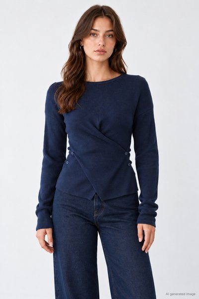 Lupies Women's Crew Neck Knit Sweater with Cross-Over Button Detail at the Wa...
