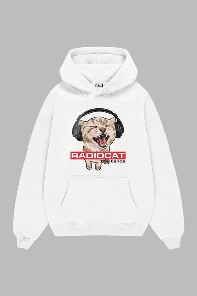 Bak Moda Radiocat Printed White Oversize Unisex Hoodie
