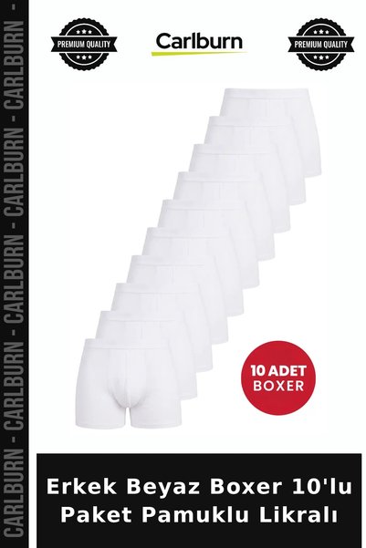 Carlburn Premium Men's White Boxer, Pack of 10, Cotton Lycra, Plain Design, C...