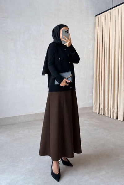 Ka Hijab Crepe Fabric A-Line Skirt - Brown