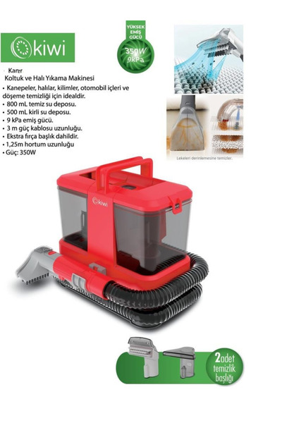 Kiwi Koltuk ve Halı Yıkama Makinesi, 9 kPa Güçlü Emiş, 800 ml Temiz ve 500 ml Kirli Su Tankı, Portatif Leke Temizleyici, Koltuk Halı Araç Döşeme Yıkama, Fırçalı Başlık, 3 m Kablo Kırmızı