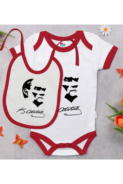 Bk Gift BK Kids Atatürk-Themed Red Baby Bodysuit and Bib Gift Set—Size 24, 0–...