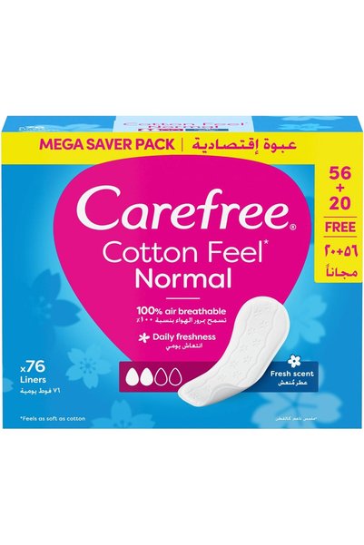 Carefree فوط صحية يومية بملمس القطن، برائحة منعشة، حجم عادي، قابلة للتنفس بنس...
